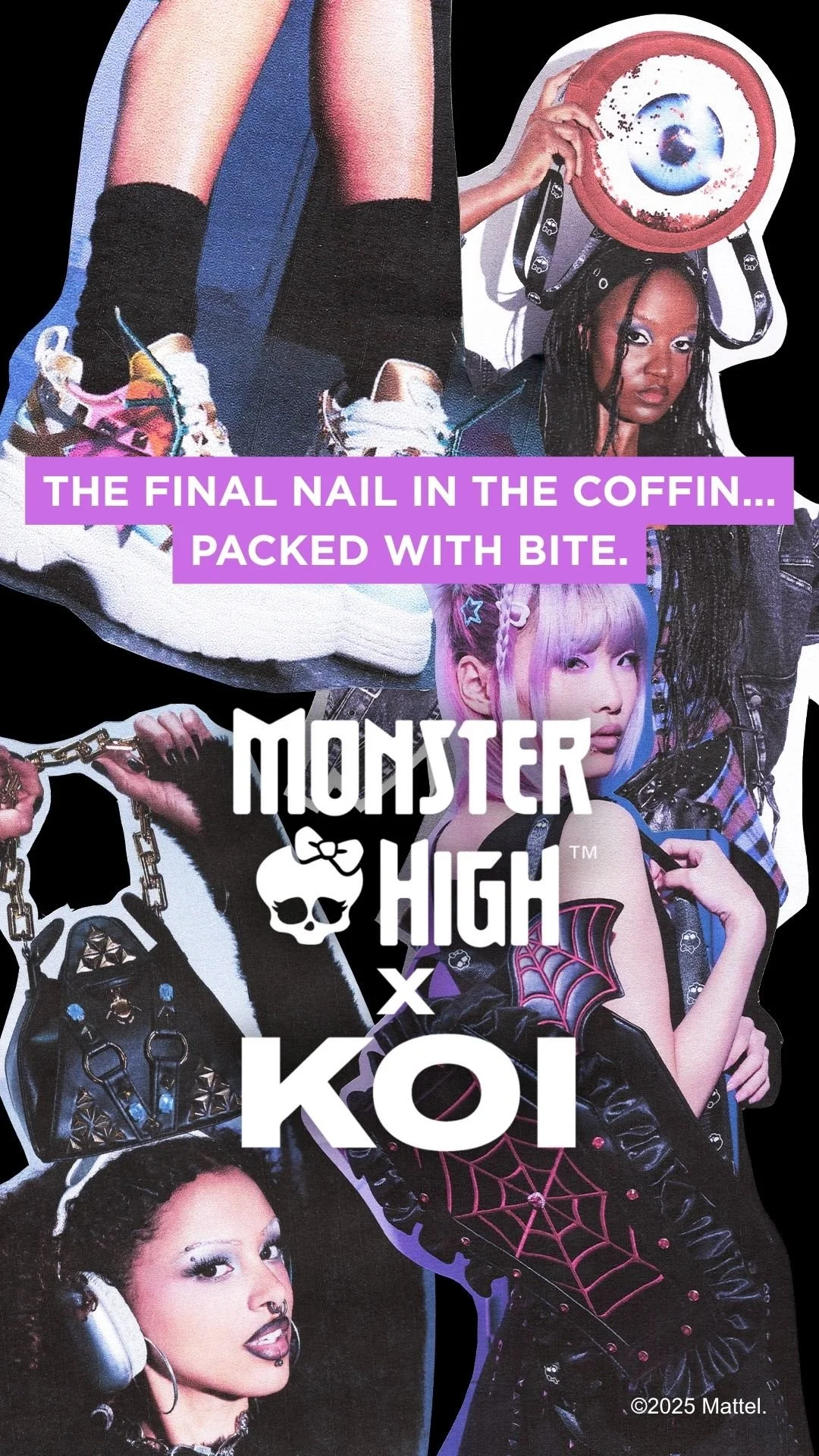 Monster High x KOI Instagram Story graphic featuring collage-style campaign imagery, grunge-inspired footwear, stylised accessories and digitally layered visuals promoting the collaboration launch.