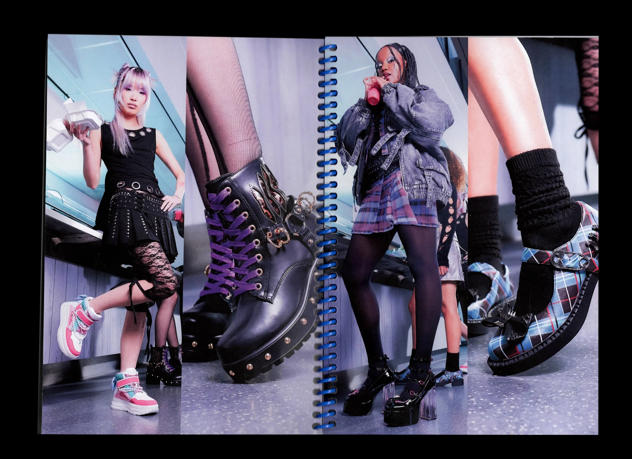 Monster High x KOI editorial collage featuring campaign photography, close-up footwear imagery and character-inspired platform shoe designs arranged in a zine-style layout.