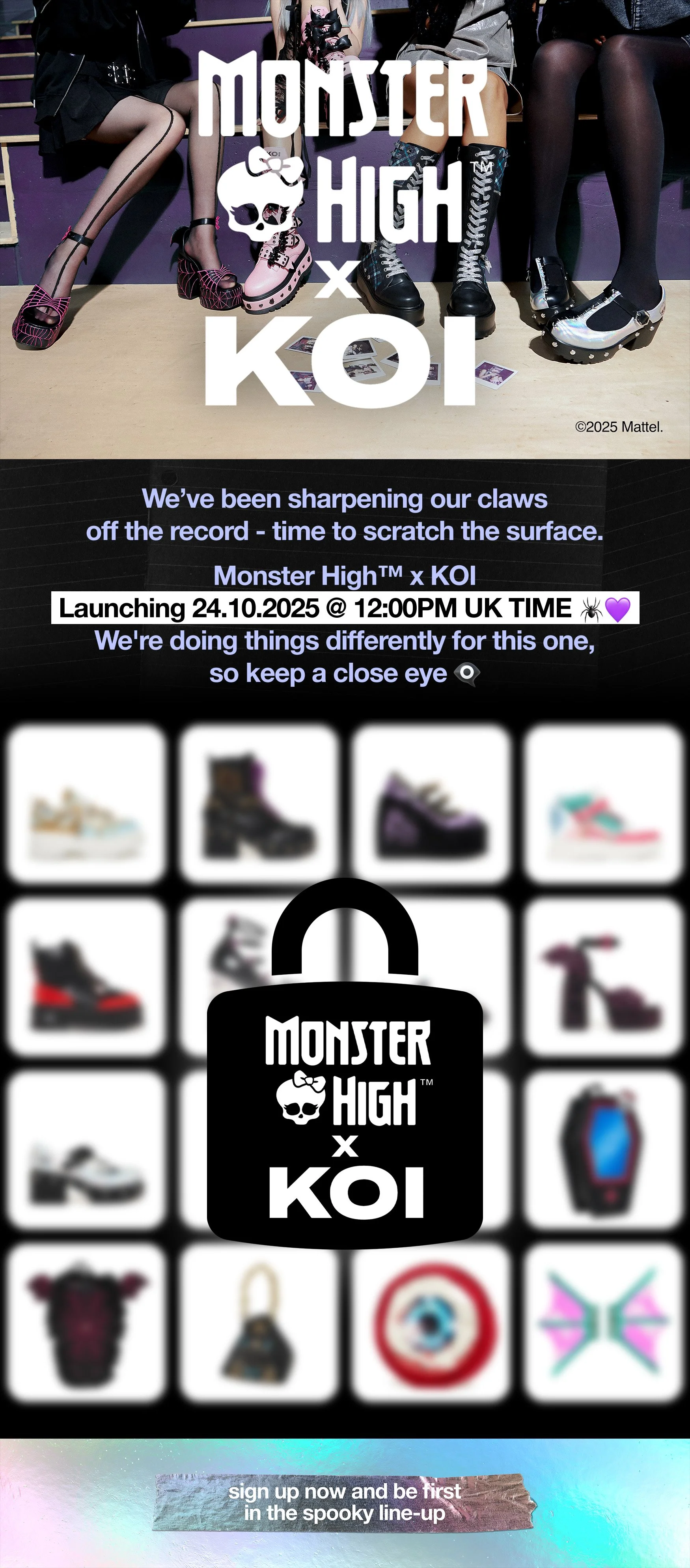 Monster High x KOI campaign newsletter featuring models styled in Gen Z and grunge-inspired fashion on a school staircase alongside highlighted footwear product shots from the collaboration collection.