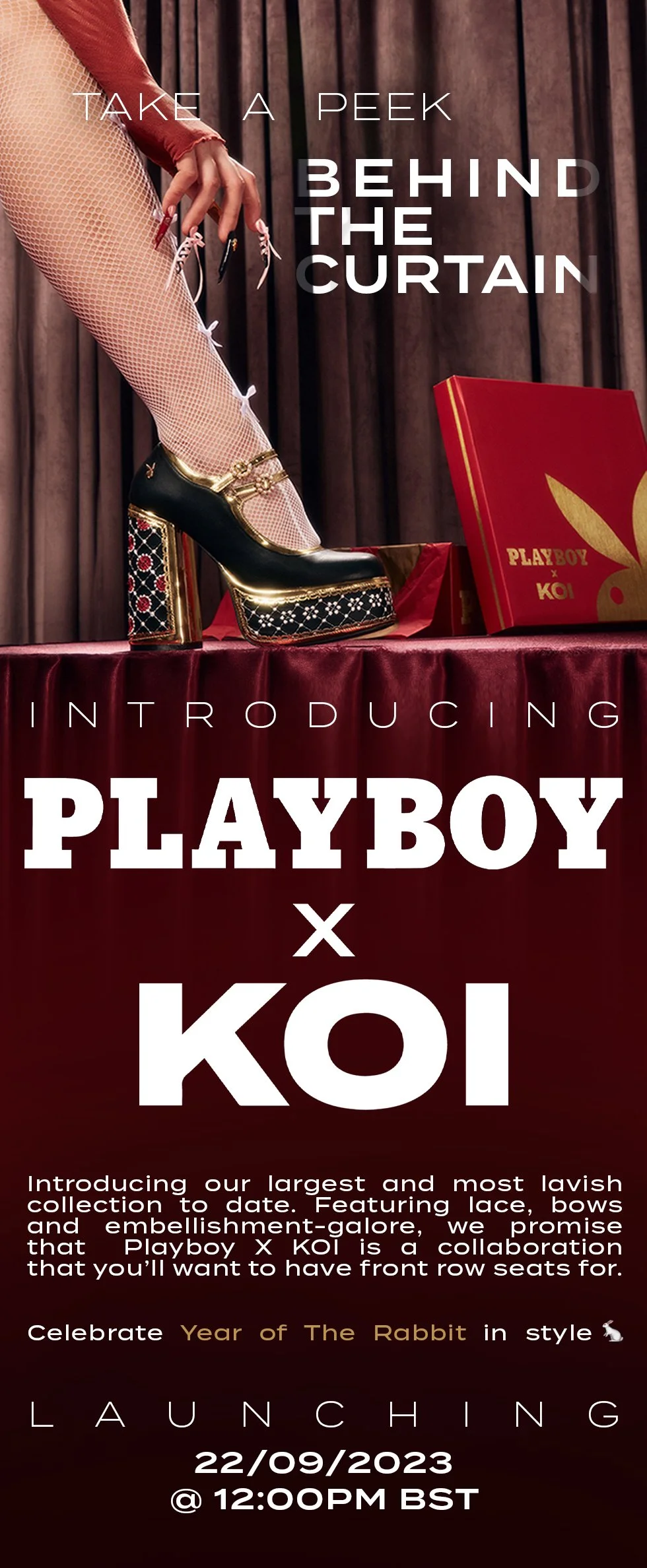 Playboy x KOI announcement email newsletter featuring embroidered platform heels, rich velvet staging and teaser campaign visuals introducing the collaboration launch.