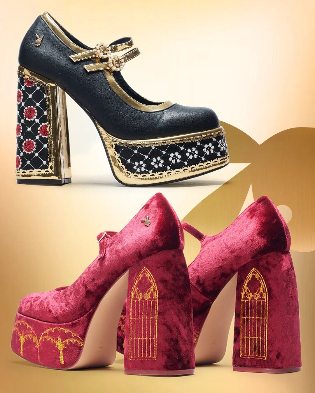 Product reveal graphic image for Playboy x KOI featuring two theatrical glamour-inspired platform heels set against a gold backdrop with Playboy iconography.