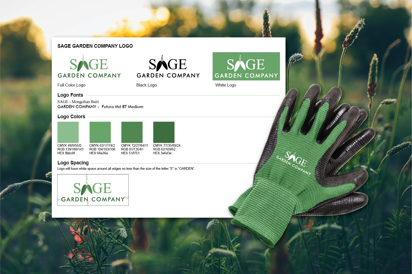 A promotional sheet for Sage Garden Company showing different logo styles and colors, with a pair of garden gloves featuring the company logo, set against a garden background with plants and sunlight.