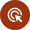 A brown circular icon with a white cursor clicking on a target.