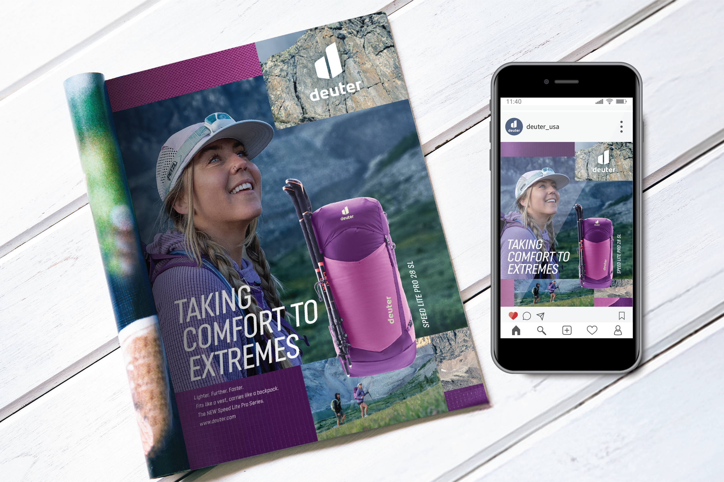 Magazine and smartphone displaying an outdoor adventure advertisement for Deuter backpacks, showing a woman with a backpack in a mountainous landscape.