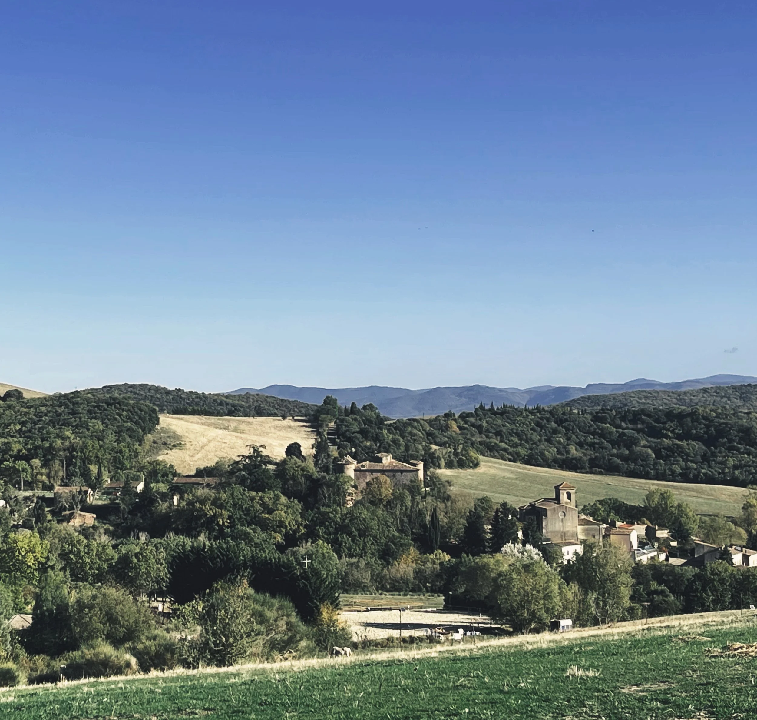 Scenic landscape with rolling hills, green trees, and a few buildings under a clear blue sky.