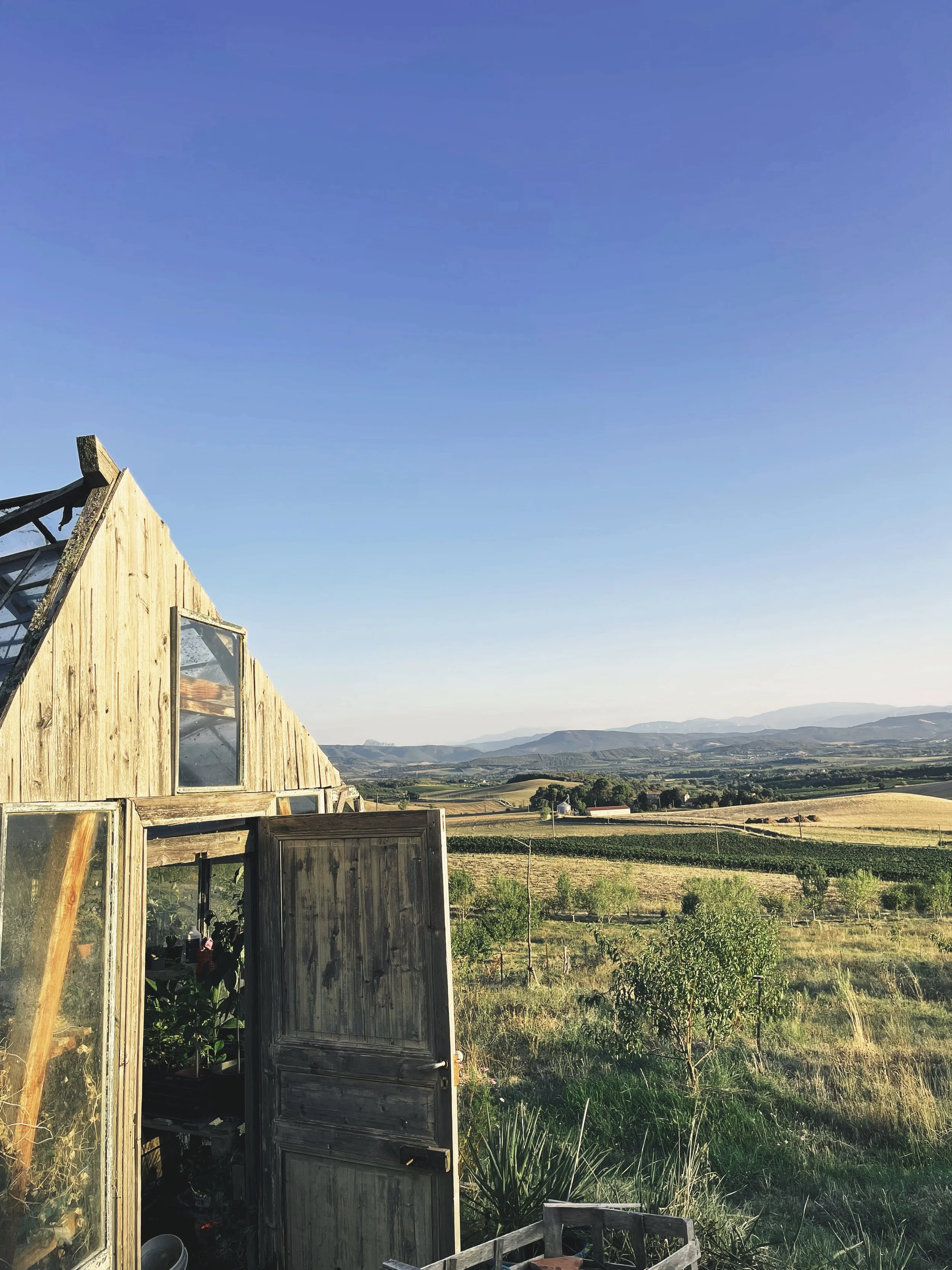 A rustic wooden greenhouse on a farm with open doors, overlooking rolling hills and farmland under a clear blue sky.