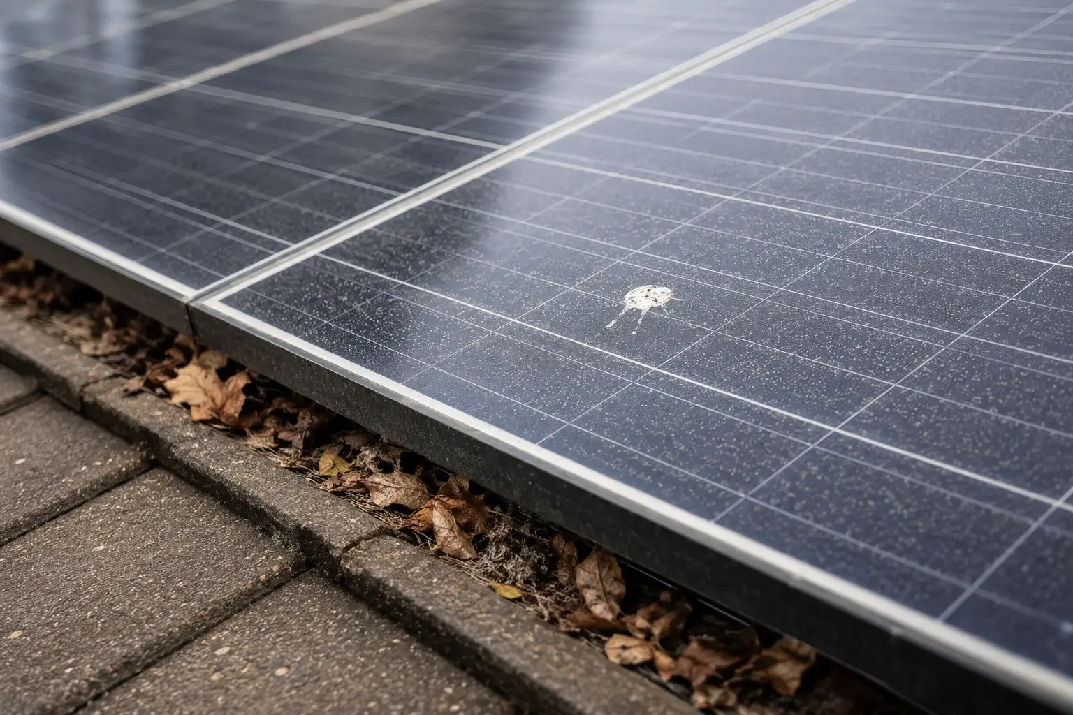 Bird droppings, leaf debris, and salt film on dirty solar panels