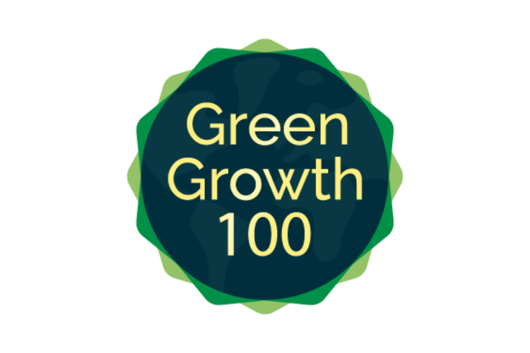 Circular logo with a green border and dark blue background, featuring the text 'Green Growth 100' in yellow font in the center.
