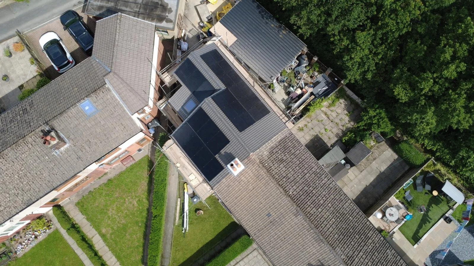 Aerial view of a residential home in Halifax with in-roof solar panels