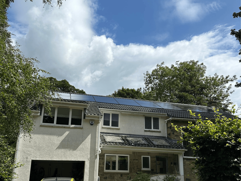 Solar panels installed on modern UK home with pitched roof
