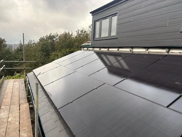 Arial photo of solar panels on a residential roof
