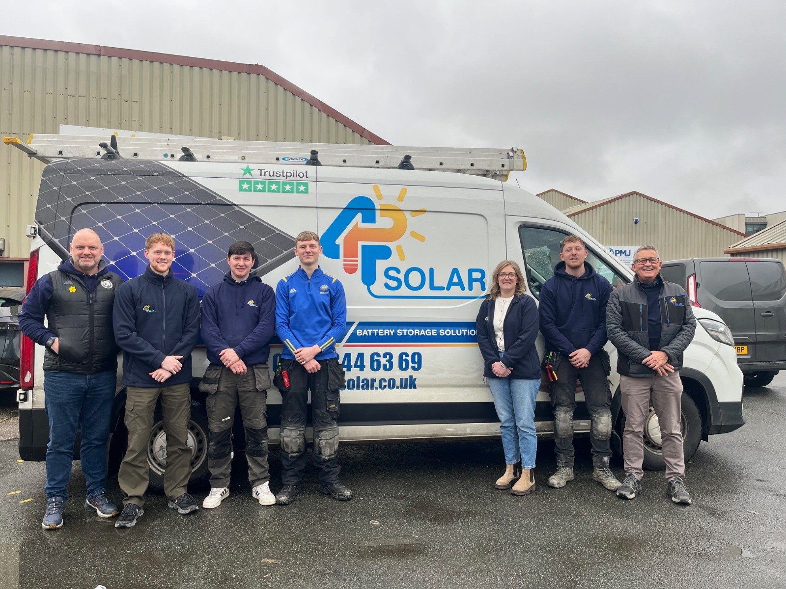 P4 Solar installation team standing in front of branded van at commercial site in Yorkshire
