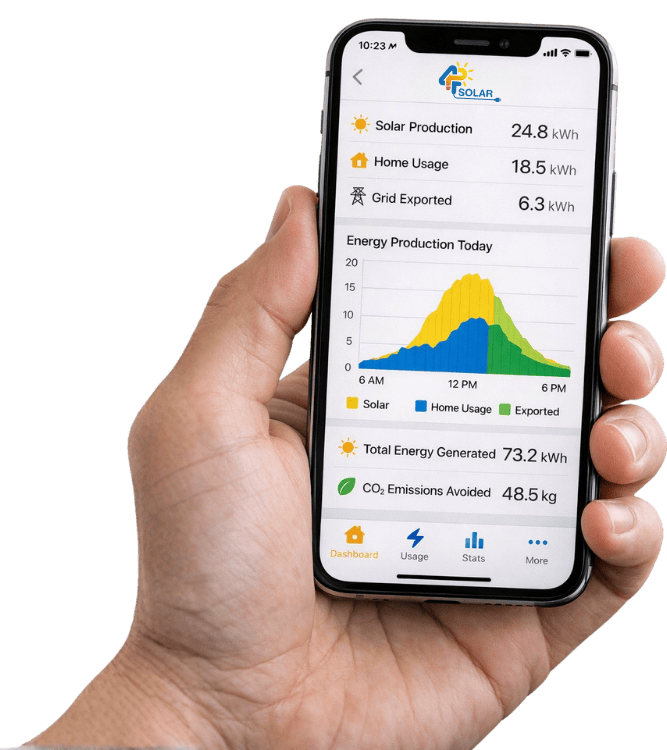 Mobile app showing real-time solar panel performance and energy generation tracking