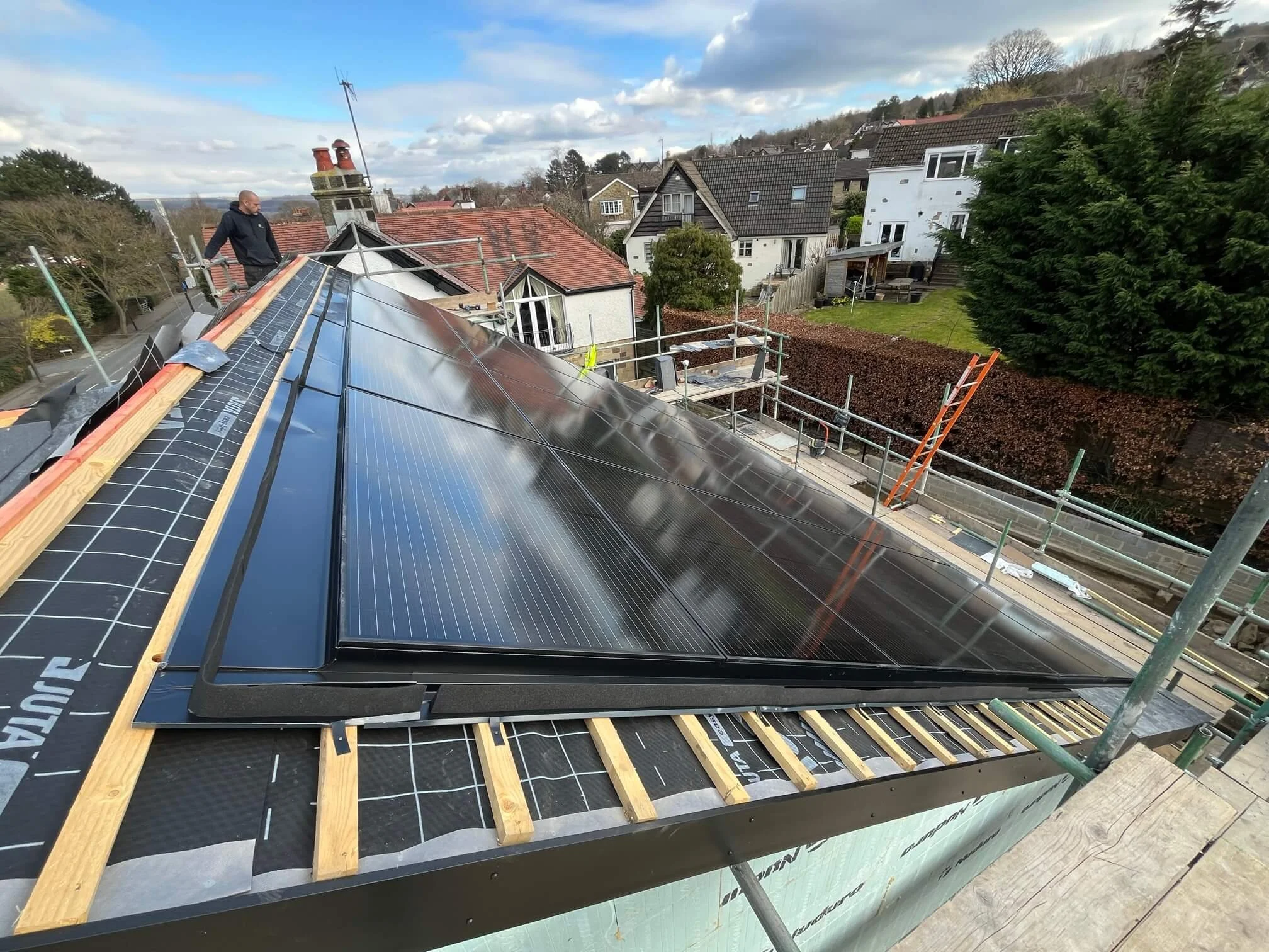 In roof solar installation in progress at residential property in Ilkley