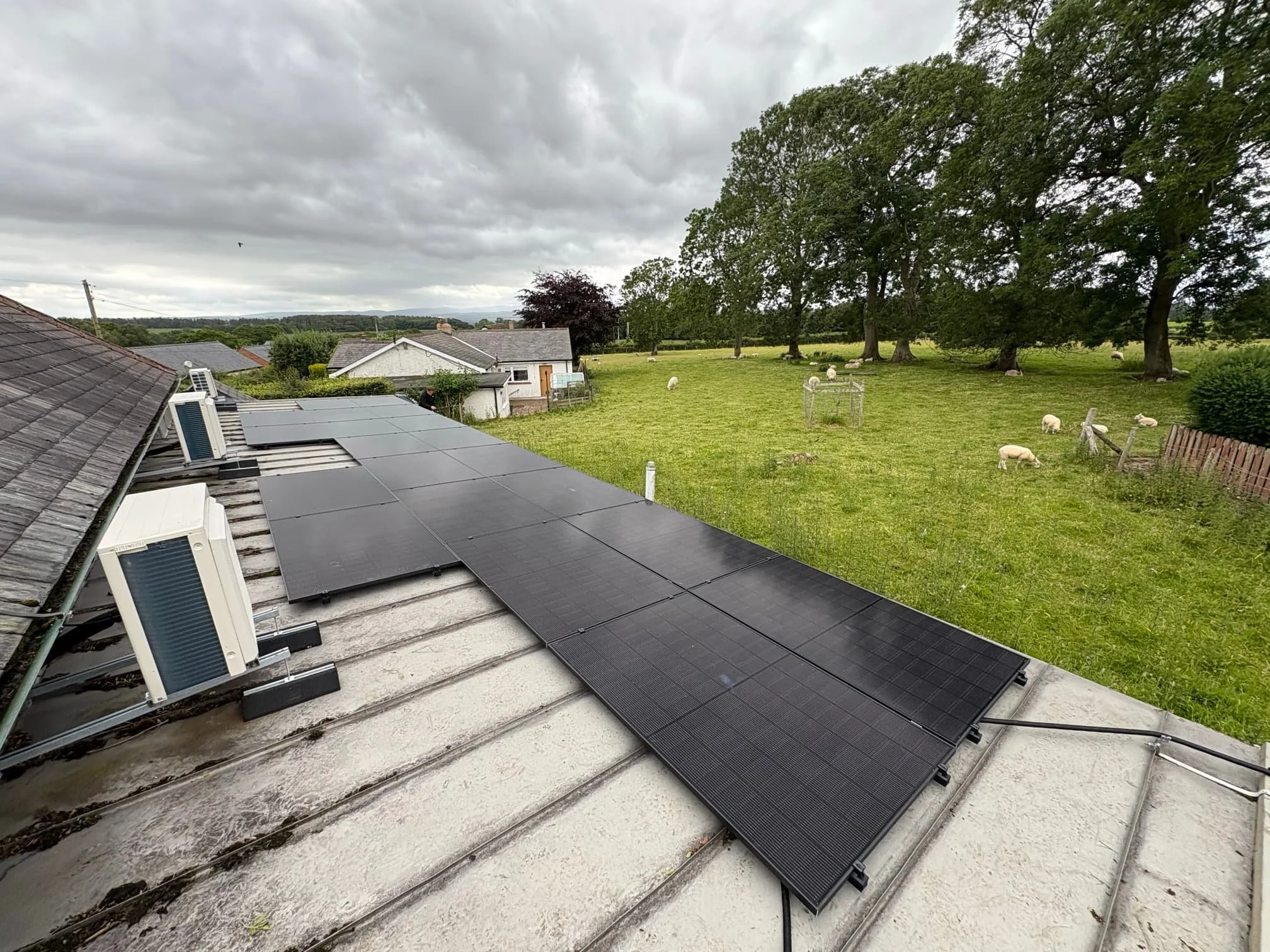 Rooftop solar panel installation generating clean renewable electricity for a commercial property