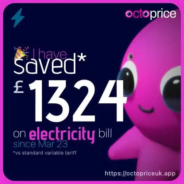 Octoprice energy savings screen showing total electricity bill savings of £1,324 since March 2023 compared with a standard variable tariff, demonstrating the financial benefits of battery storage and smart off-peak energy usage.