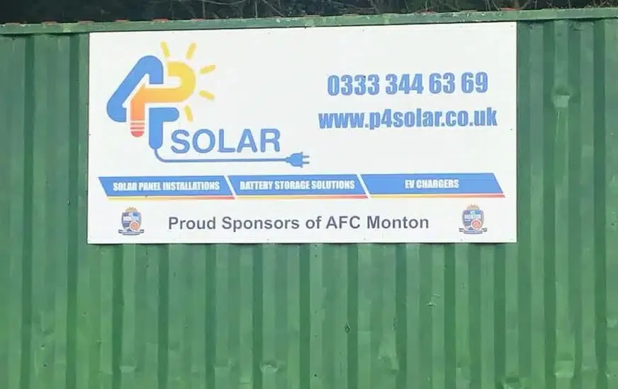 P4 Solar sponsorship sign displayed at AFC Monton football club as part of the company's ongoing support for the local community sports club.