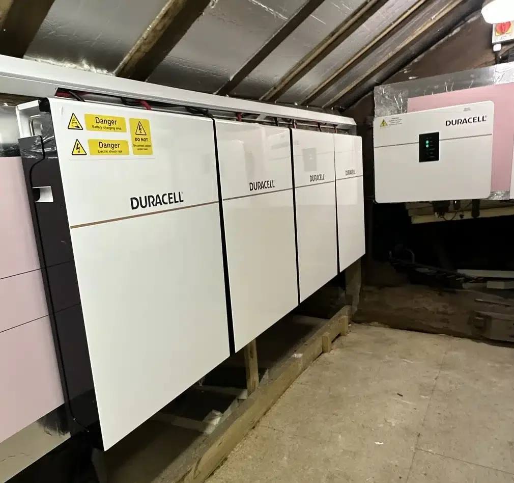 Duracell battery storage system installed by P4 Solar in Hebden Bridge, featuring multiple home energy storage batteries and hybrid inverter.