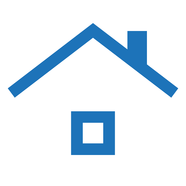 Simple blue line drawing of a house with a roof, chimney, and a window in the center.