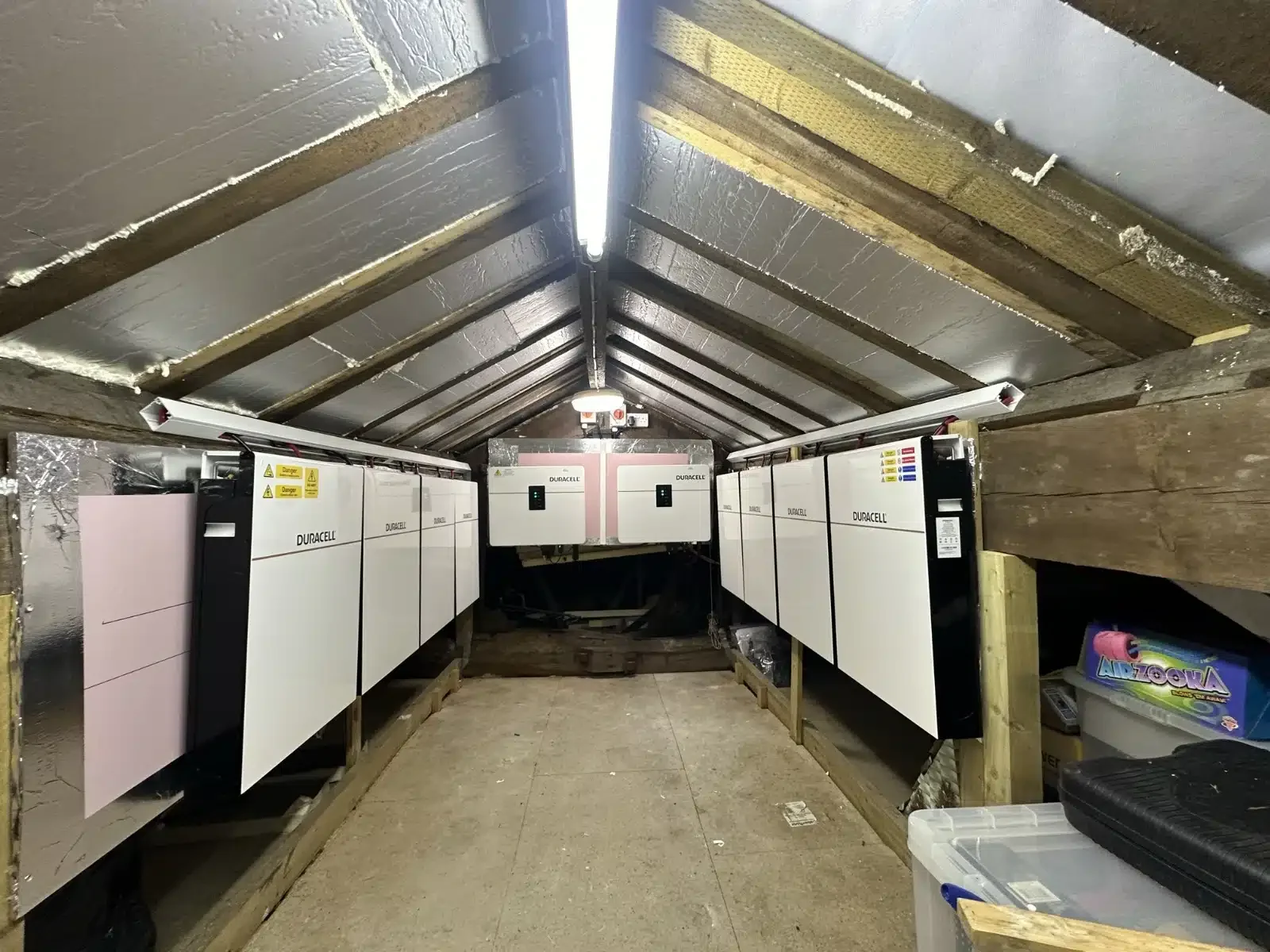Duracell battery storage system installed by P4 Solar in Hebden Bridge, featuring multiple home energy storage batteries and hybrid inverter.