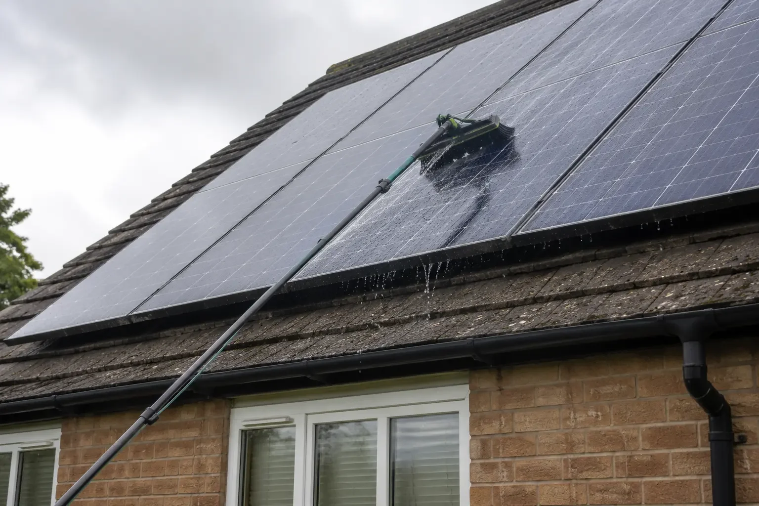 Telescopic pole being used to clean solar panels from the ground safely