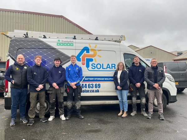 P4 Solar installation team standing in front of branded van at commercial site in Yorkshire