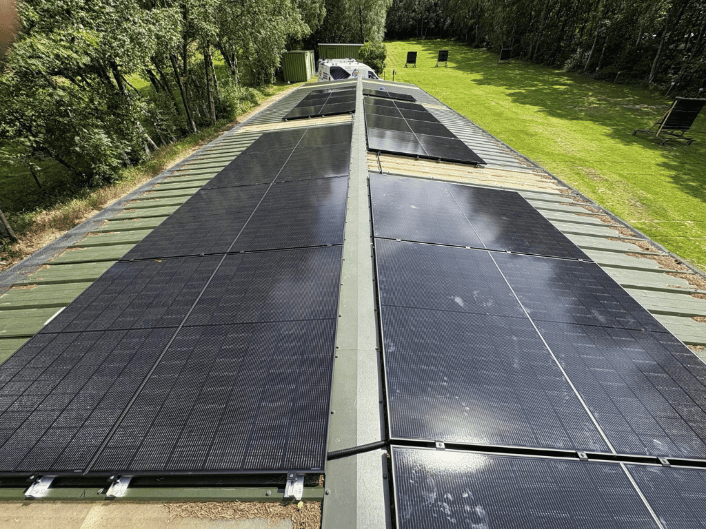 Close-up of solar panels installed on pitched residential roof