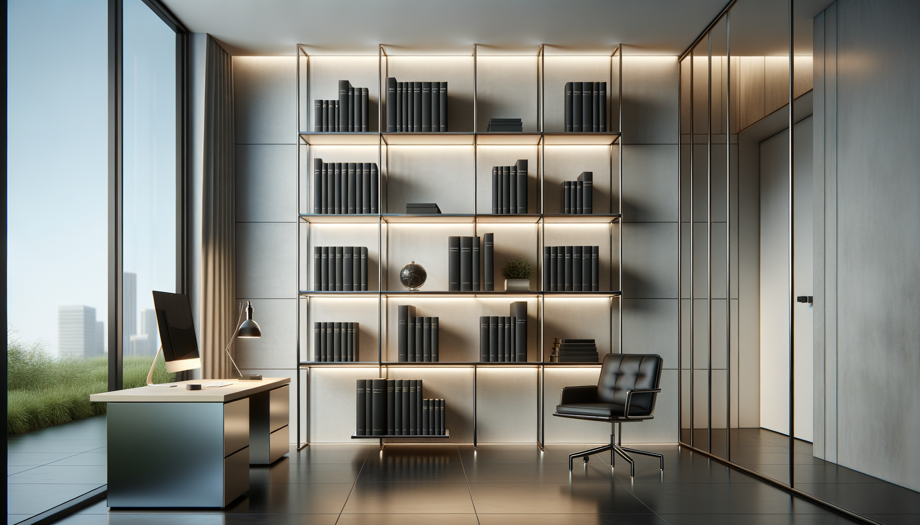 Modern office with large window, sleek white desk, black leather chair, and a spacious bookshelf with black books and decorative items.