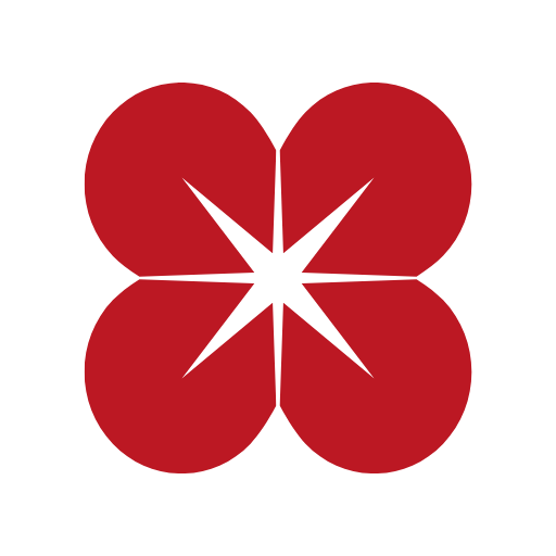 Símbolo de la Cruz Roja con cuatro corazones rojos y una estrella negra en el centro sobre fondo negro.