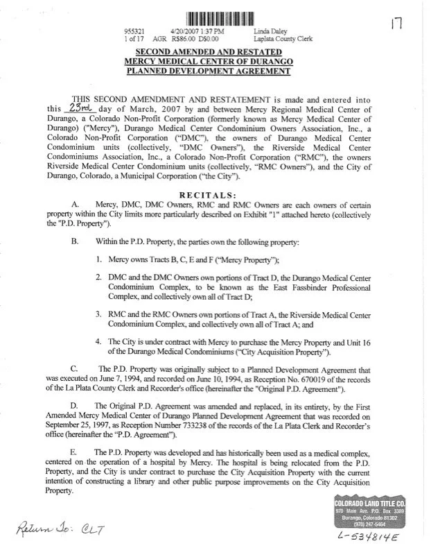 Page from a document titled 'Second Amended and Restated Mercy Medical Center of Durango Planned Development Agreement' with legal and contractual text about property ownership and development agreements.