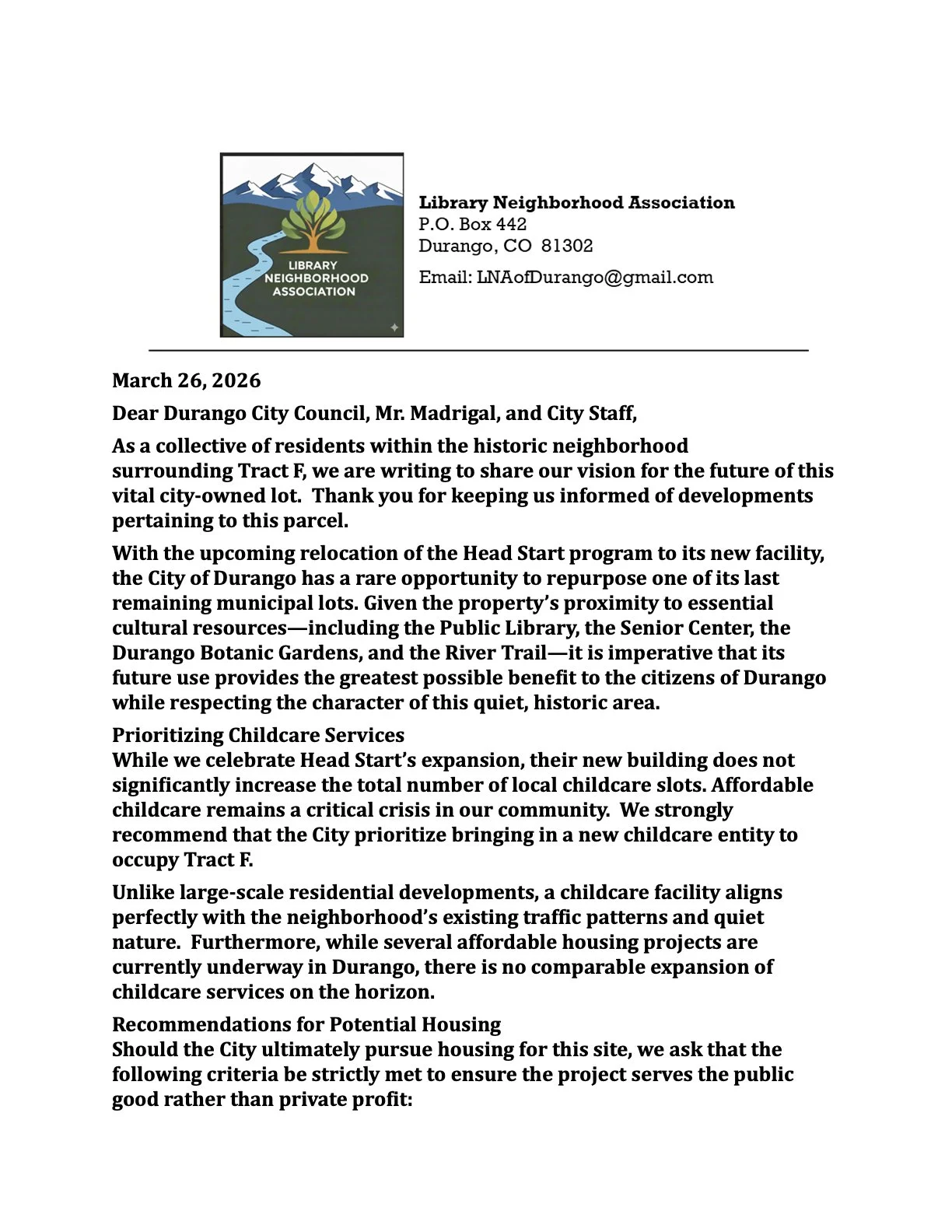 Letter from the Library Neighborhood Association discussing community development, childcare, and housing in Durango.