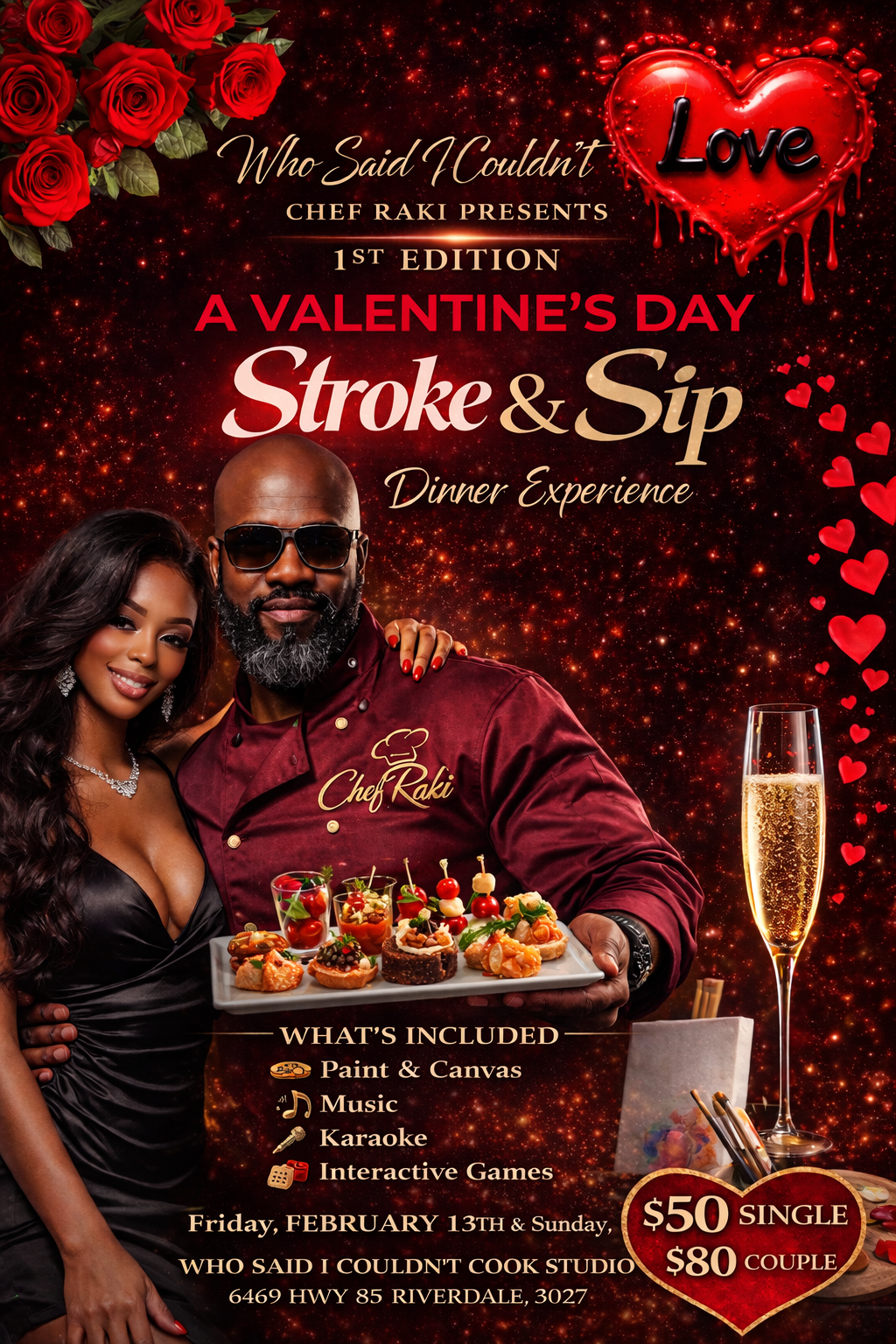 Valentine's Day dinner event poster featuring a man and woman with a tray of appetizers, red roses, a glass of champagne, and Valentine's themed decorations, promoting a dinner experience with activities like paint and canvas, music, karaoke, and games.