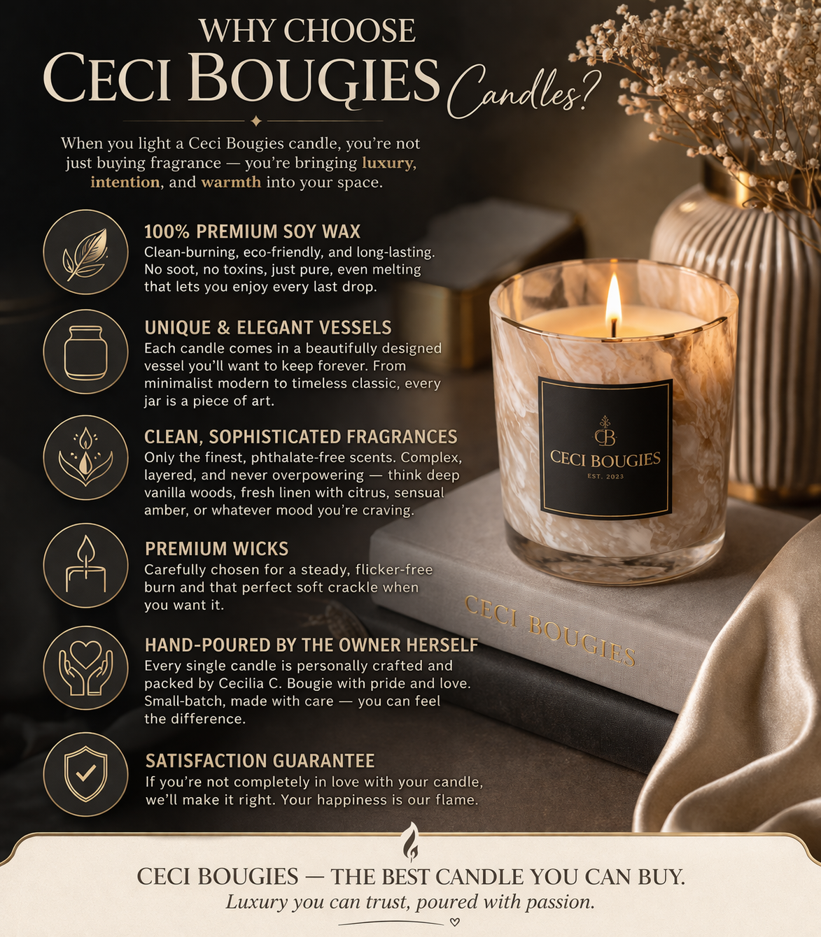 A promotional image for Ceci Bougies candles featuring a lit candle in a marbled glass holder with a black label, next to a beige book with gold lettering, and a background of elegant decor including a striped vase with white flowers. The text highlights the benefits of Ceci Bougies candles, such as natural soy wax, elegant vessels, refined fragrances, premium wicks, hand-crafted production, and satisfaction guarantee.