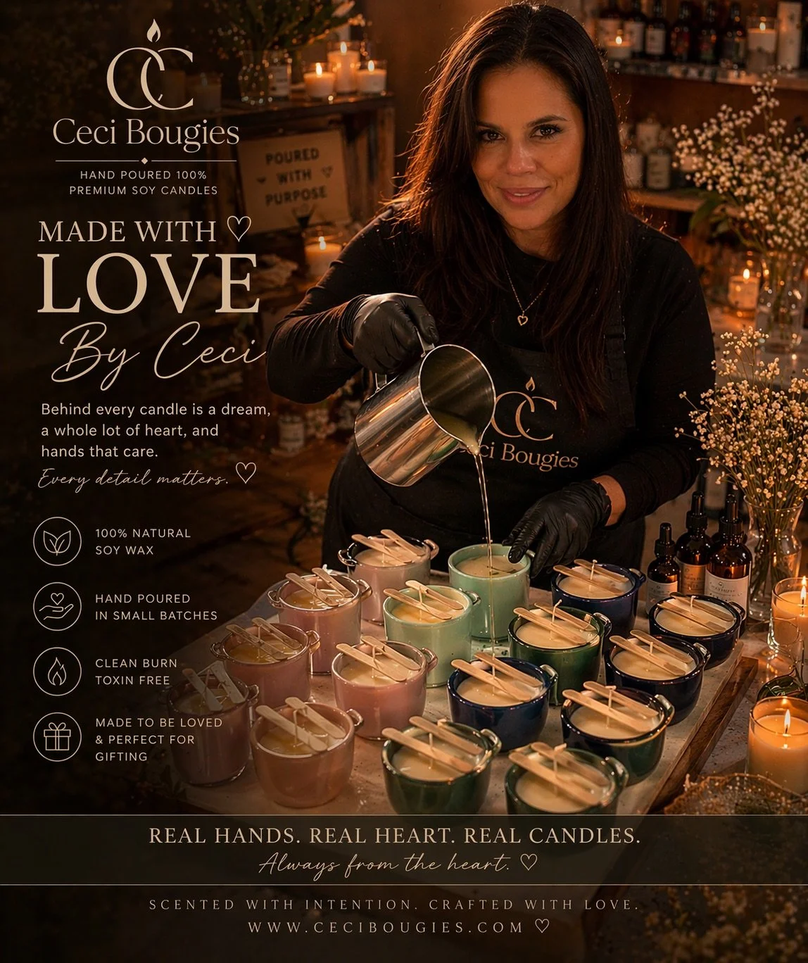 A woman pouring wax into candles behind a table filled with colorful candles in small jars. The setting is warm with candles and flowers around, advertising Ceci Bougies, a handmade soy candle brand.