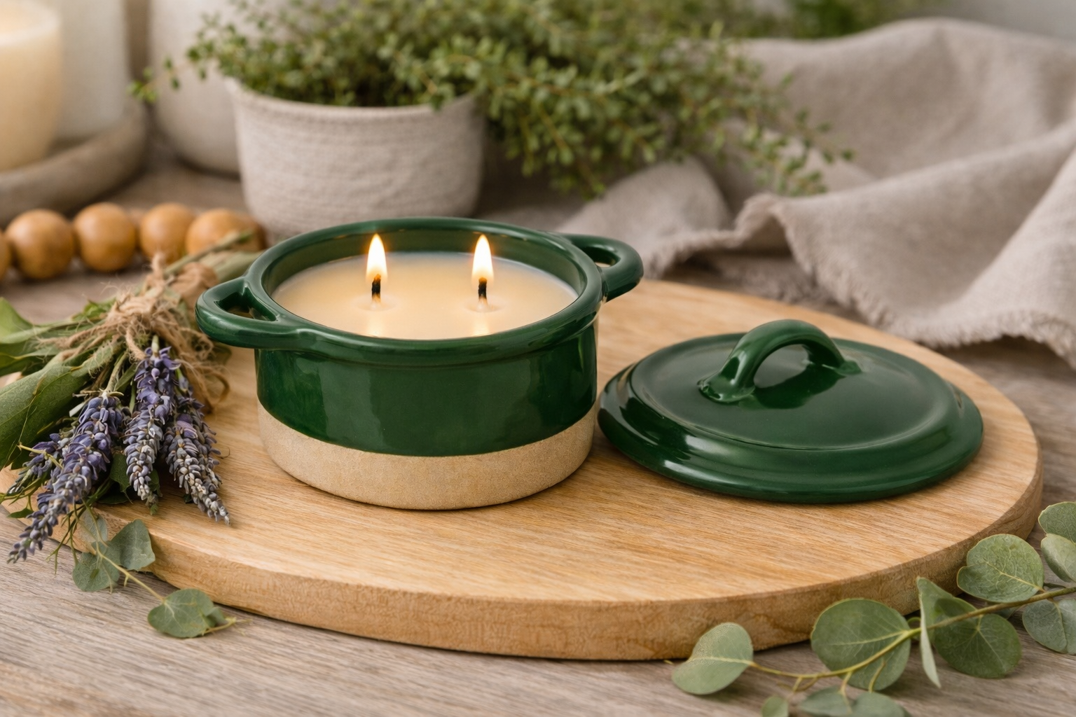 Our Signature 12 oz Green/Cream 100% Soy Candle Hand-Poured in Ceramic Cocotte Pots