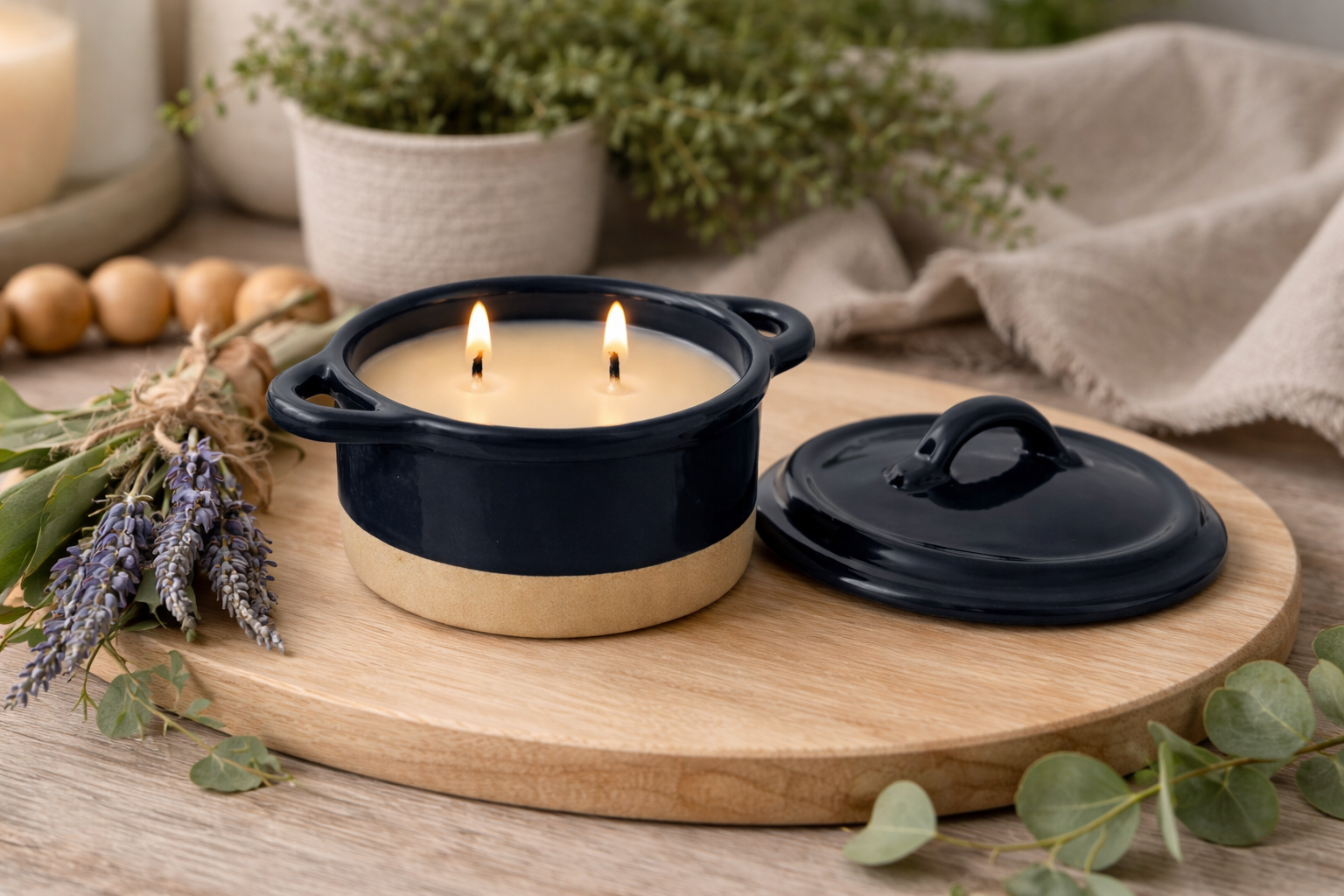 Our Signature 12 oz Blue/Cream 100% Soy Candle Hand-Poured in Ceramic Cocotte Pots