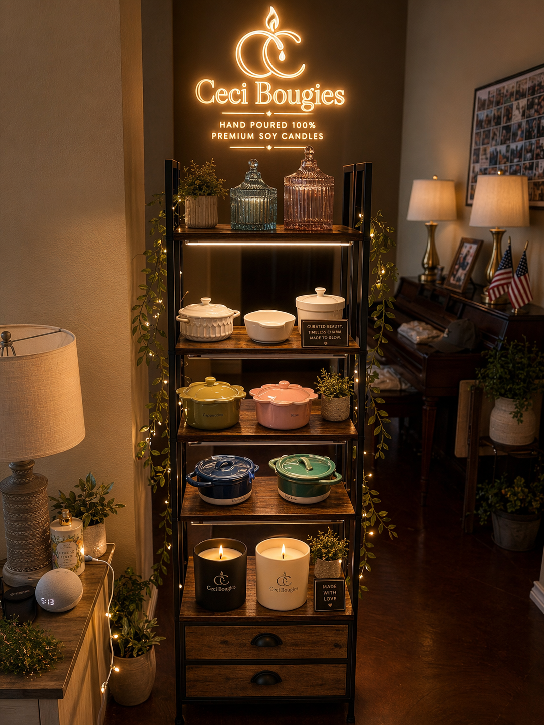 Display shelf with candles, teapots, and decor, with a Neon sign reading "Ceci Bougies" in a cozy home setting.