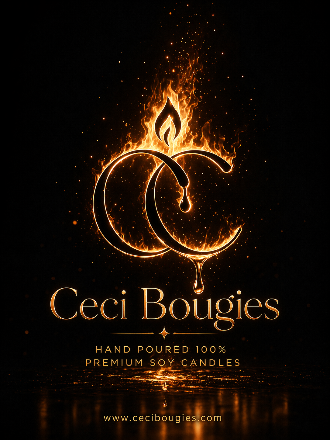 Logo for Ceci Bougies featuring two intersecting letter Cs made of fire and wax, with a flame at the top and a droplet of wax at the bottom, on a black background.