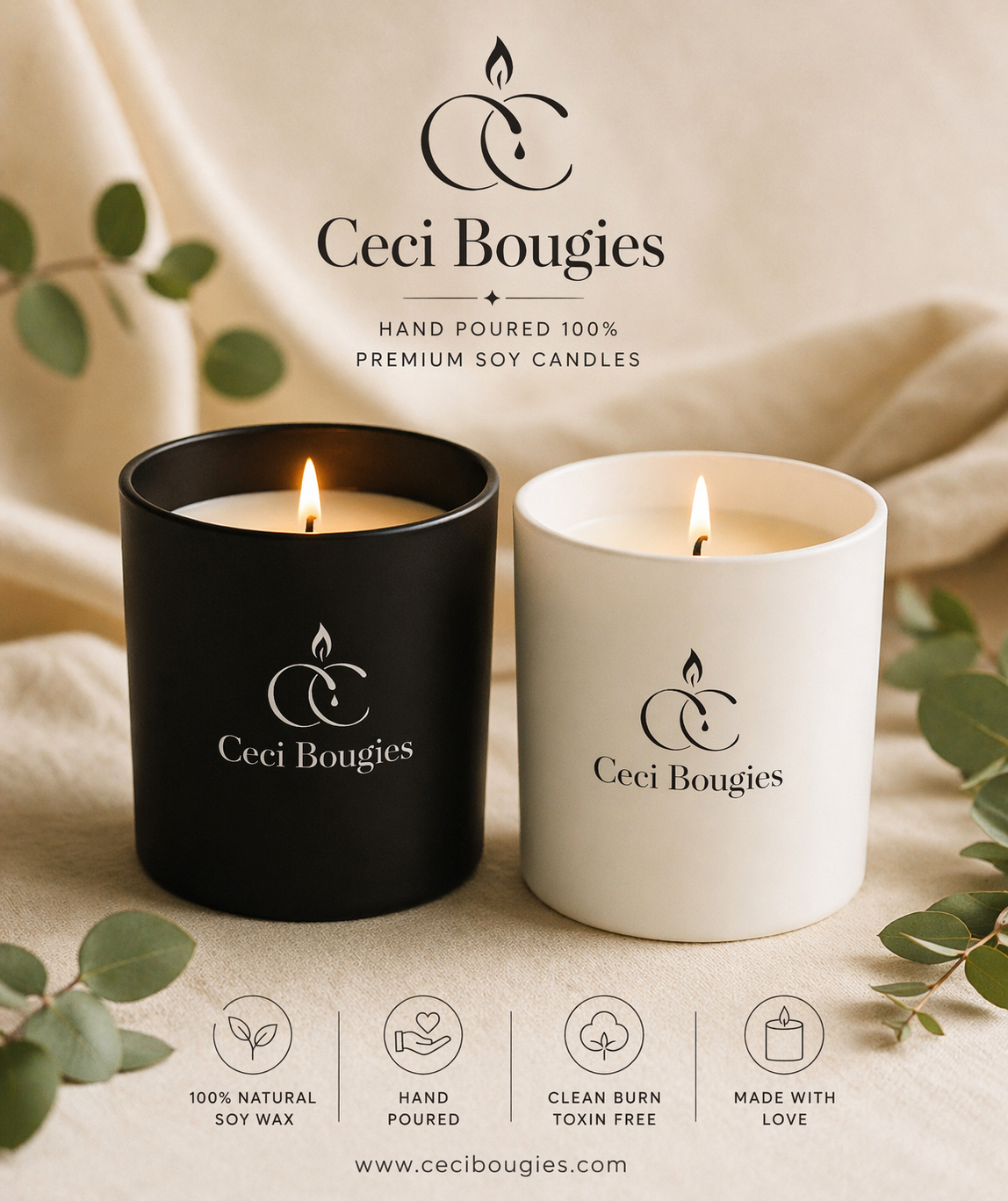 Two lit scented candles, one black and one white, with cece bougies labels, surrounded by greenery and neutral fabric background.