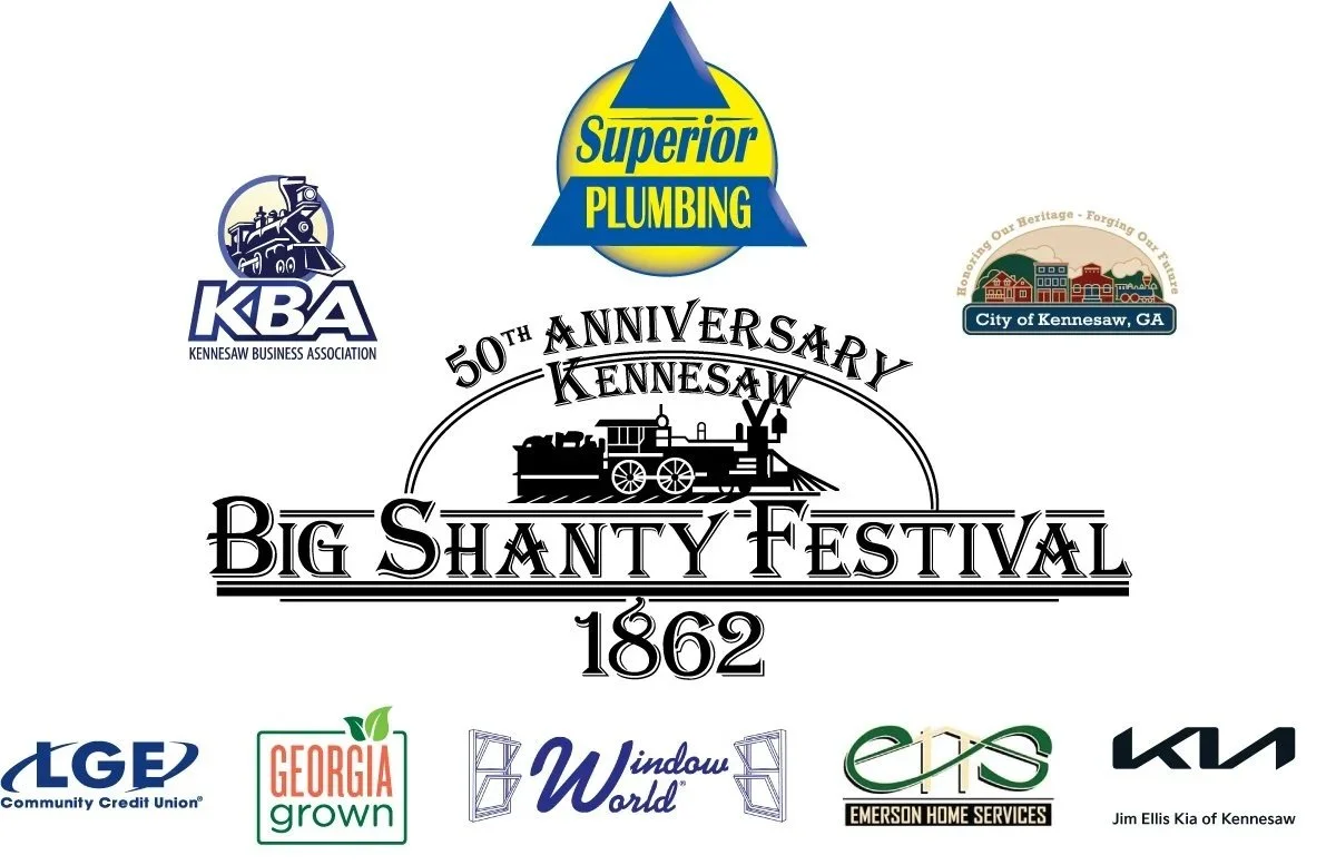 Logo for the 50th anniversary of the Kennesaw Big Shanty Festival, 1862, with sponsors including Superior Plumbing, KBA, City of Kennesaw GA, LGE Community Credit Union, Georgia Grown, Window World, EMS Home Services, and Jim Ellis Kia of Kennesaw.
