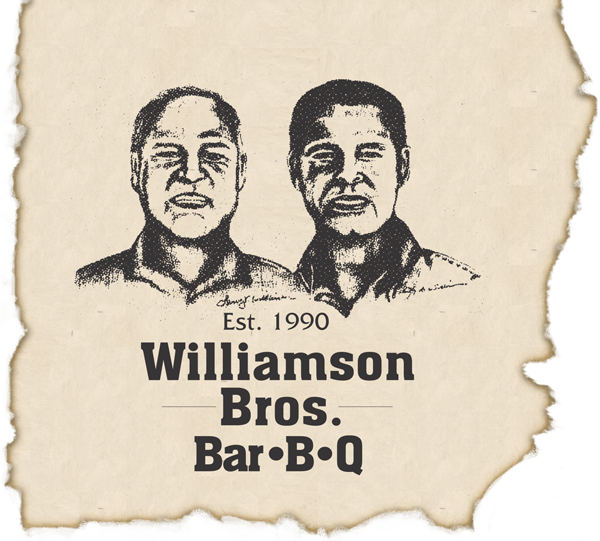 Black and white illustration of two men, with text below that reads 'Est. 1990 Williamson Bros. Bar-B-Q'.