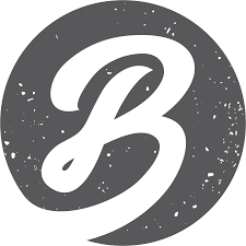 White letter 'B' on a distressed dark gray circular background.