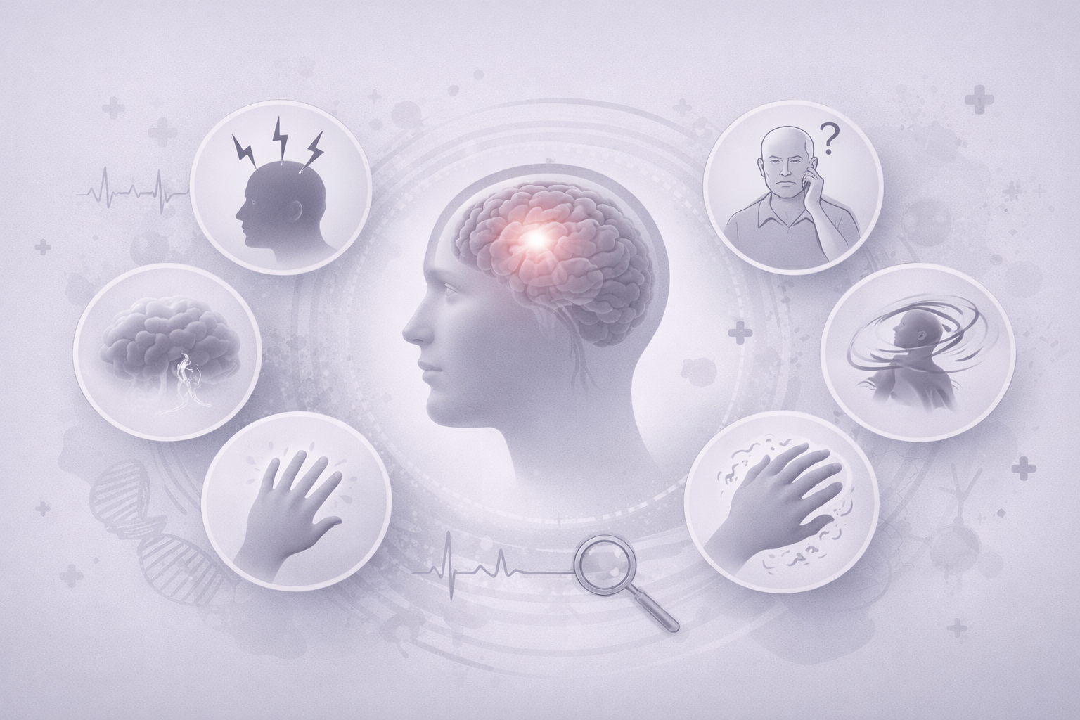 Illustration of a human profile with a brain and various icons representing mental health symptoms and conditions, including headache, confusion, dizziness, and pain.