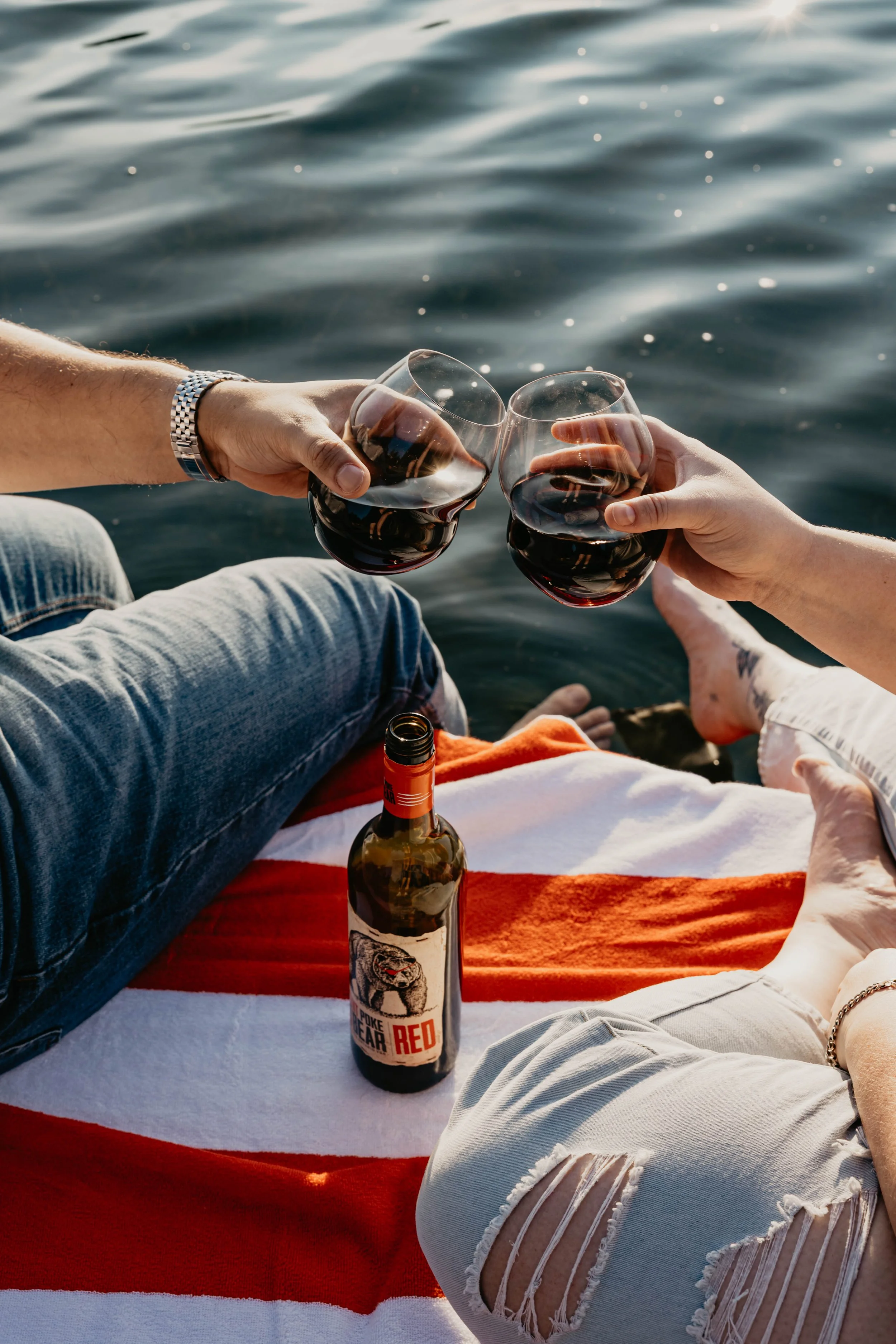two people sitting on a dock about to cheers with glasses of red wine