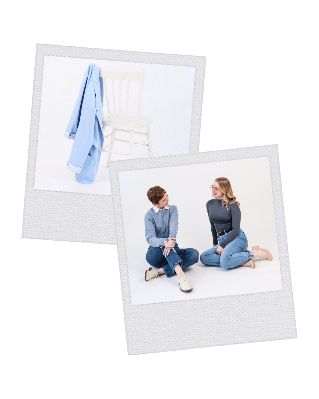 two polaroids, one that shows two women sitting together and the other with a blue blazer on chair