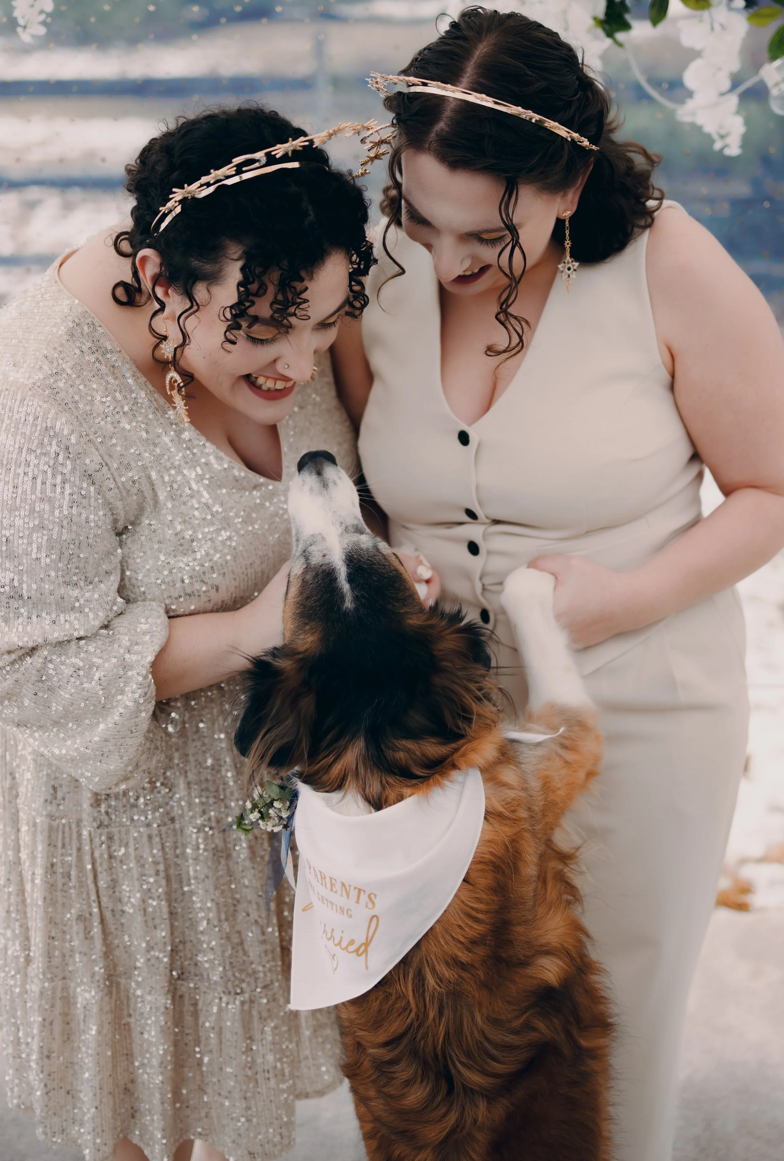 Two women smiling and sharing a moment with a large brown dog wearing a white bandana. The women are dressed in elegant attire, and the scene appears to be at a wedding or special event.