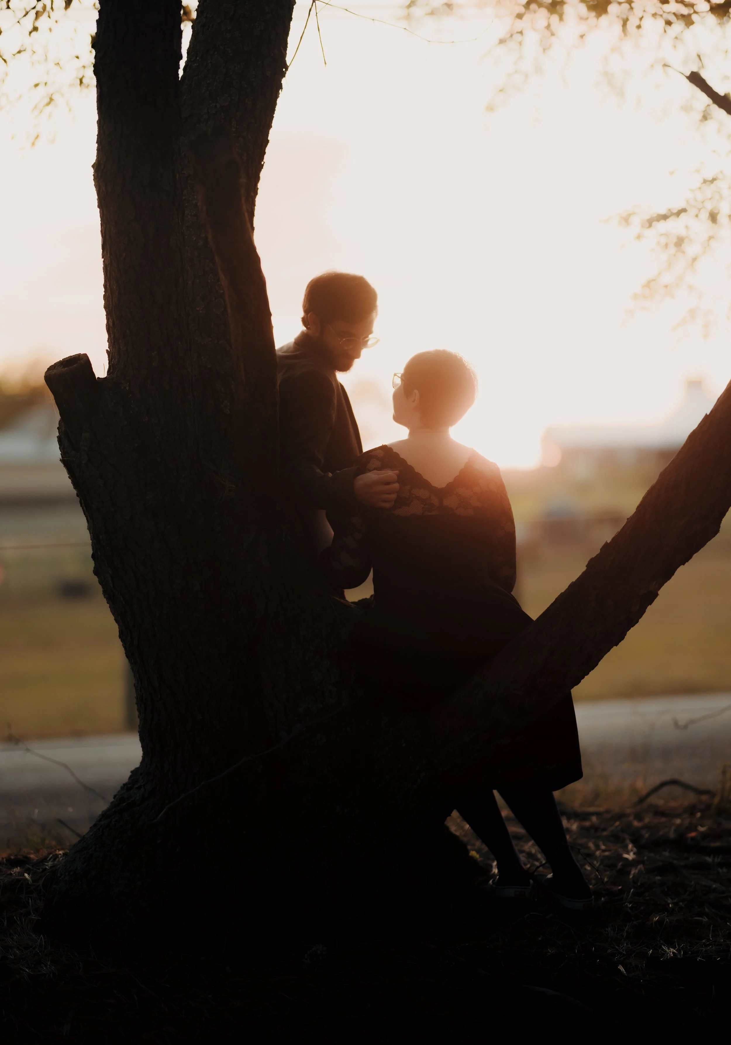 Two women wearing glasses and dressed in dark clothing are sitting on a tree branch, looking at each other, with the sun setting in the background.