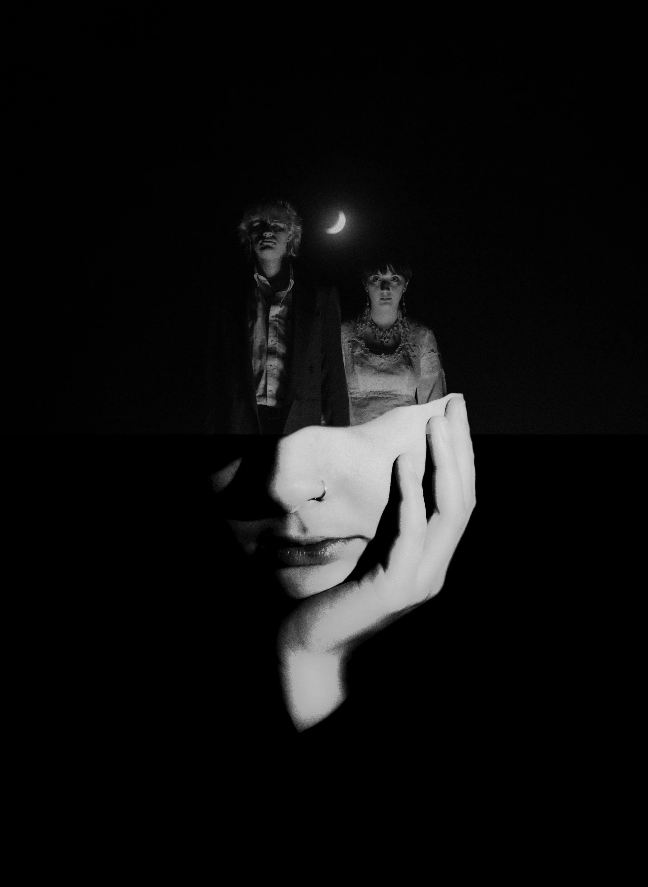 Black and white digital art featuring two people in formal attire standing under a crescent moon, with a large close-up of a woman's face resting her chin on her hand in the foreground.