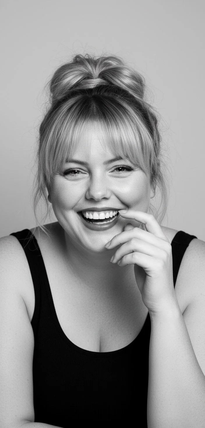 Black-and-white portrait of a smiling woman with her hair in a bun, wearing a black tank top, looking directly at the camera.