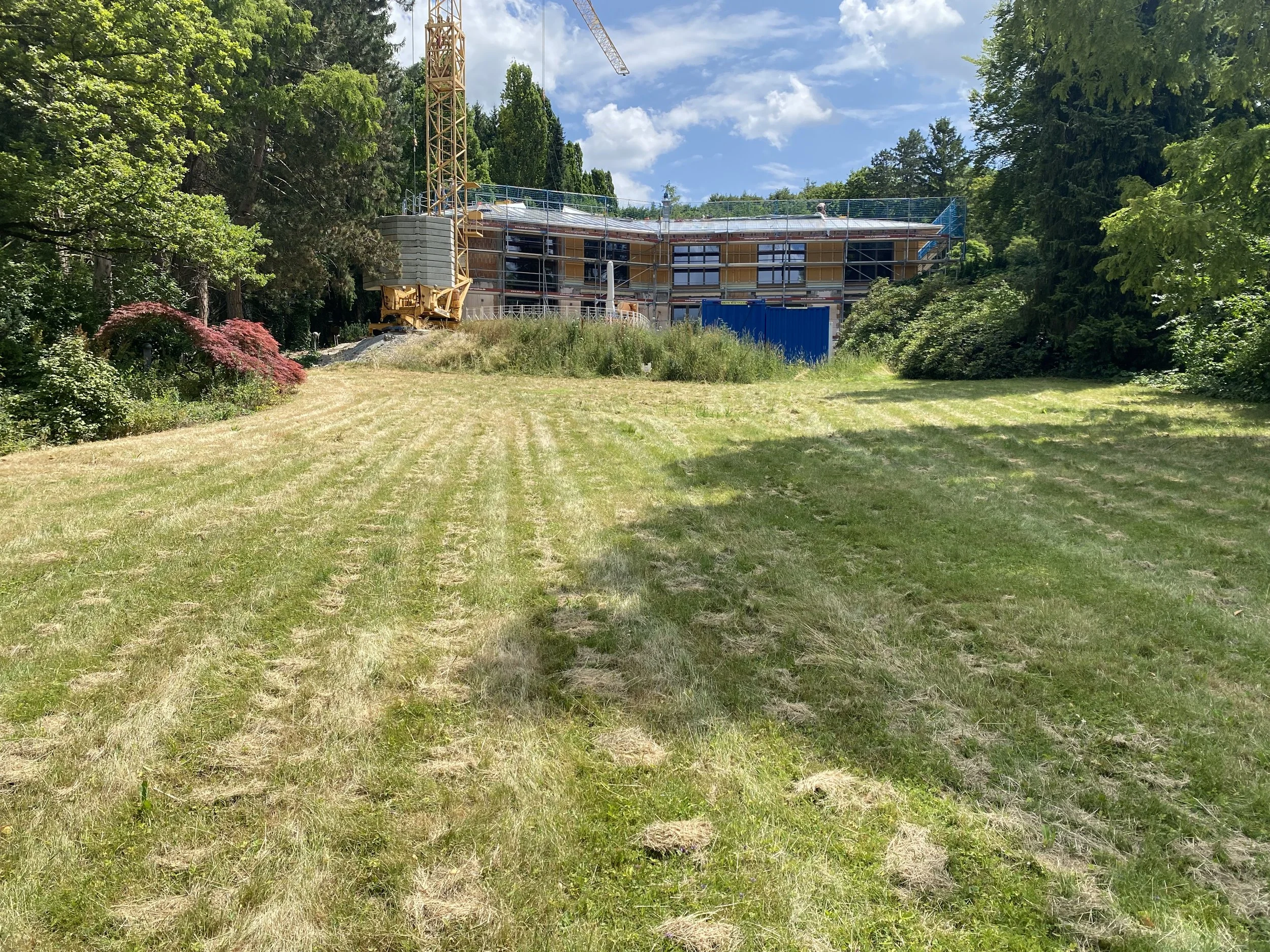Bau eines Gebäudes mit Kran auf einem Grundstück mit Grasdach und umgeben von Bäumen an einem sonnigen Tag.